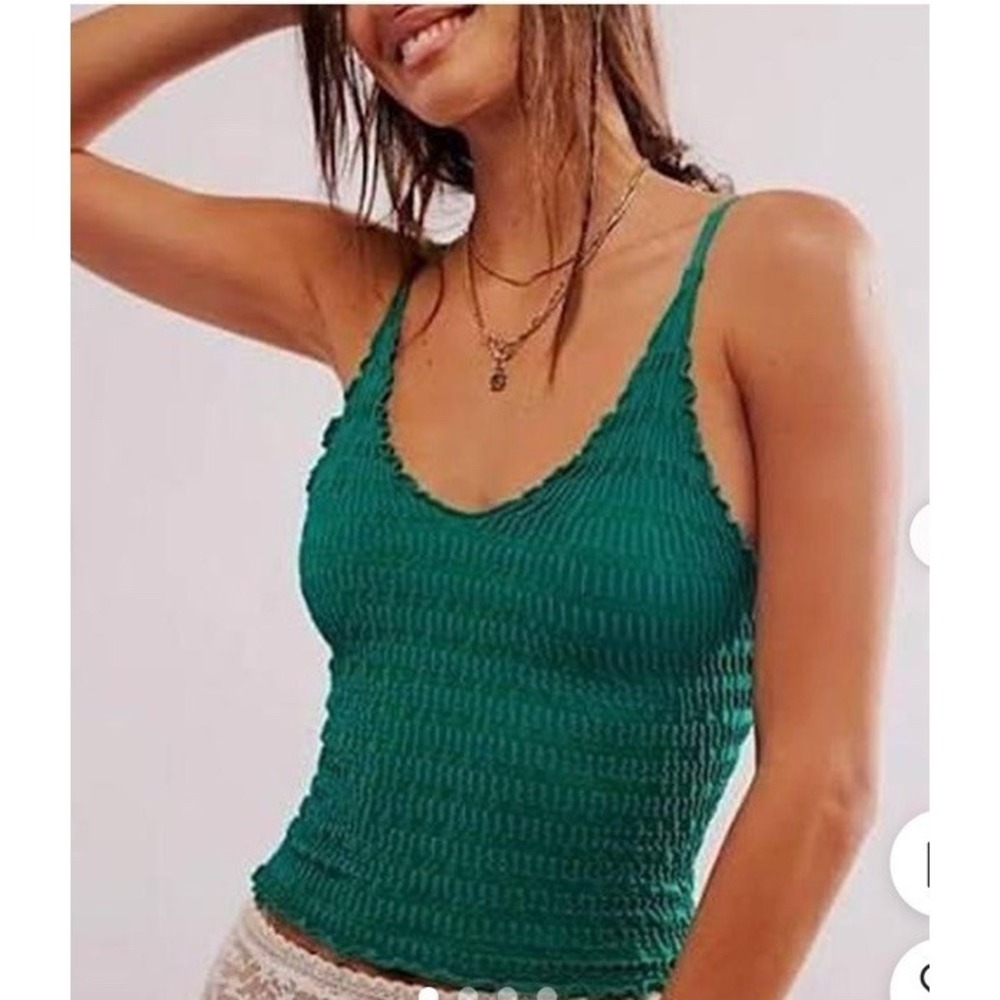 Free People Pucker Up Seamless Camisole Tank Smocked V-Neck Textured Green Small